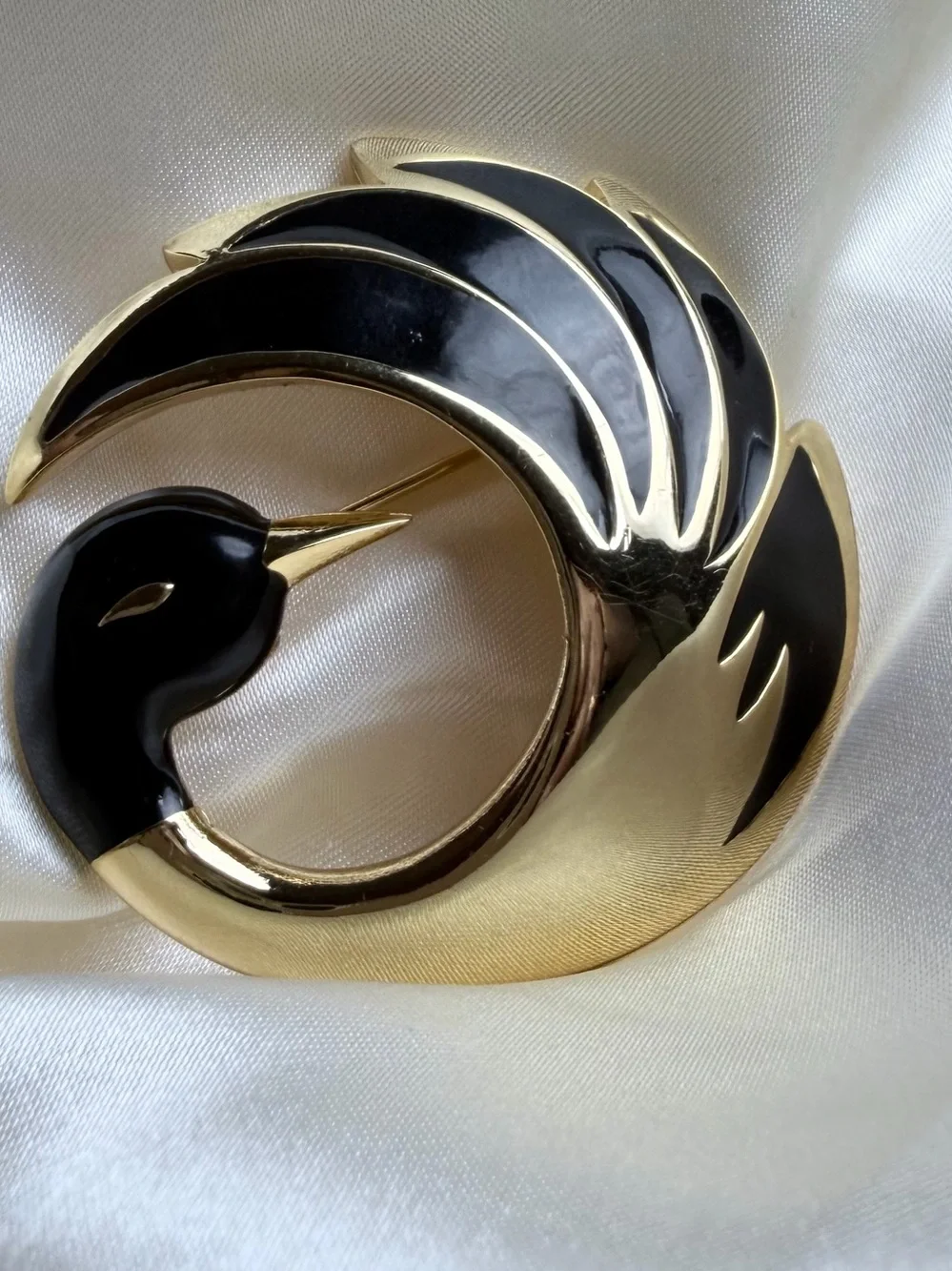 Vintage Orena Paris Swan Brooch Black Enamel Gold 1980s